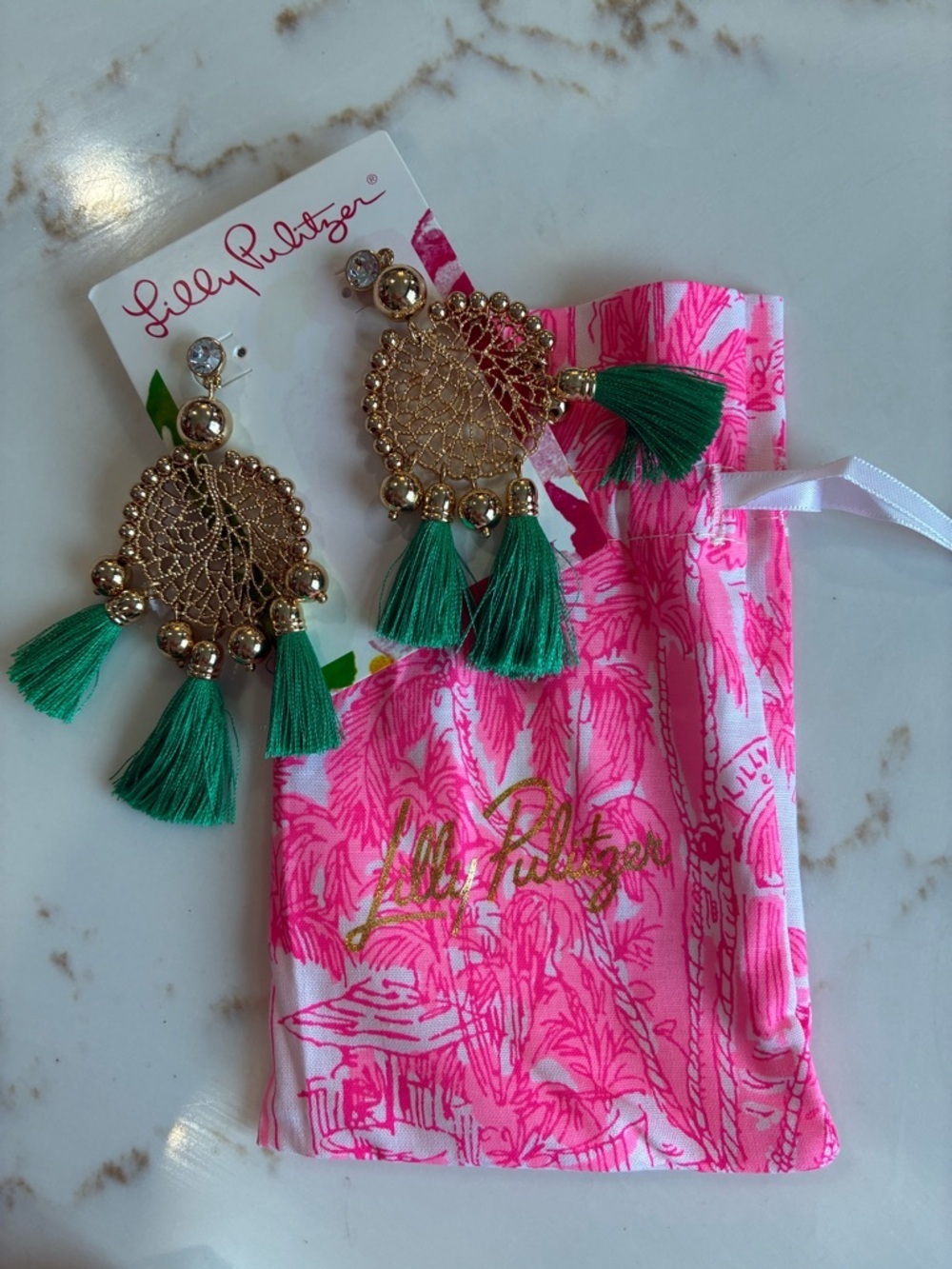 Lilly Pulitzer Gold Filigree Earrings with Green Tassels NWT